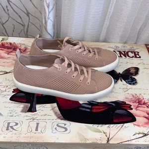 Pink and white sneakers